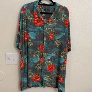 George Short Sleeve Tropical Floral Camp Shirt in Teal and Red